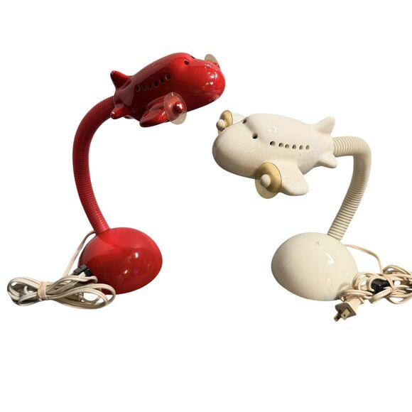 Source Unknown Other - Vintage Airplane Desk Lamp Set Of 2 Red White Gooseneck Plug In Kids Room Taiwan